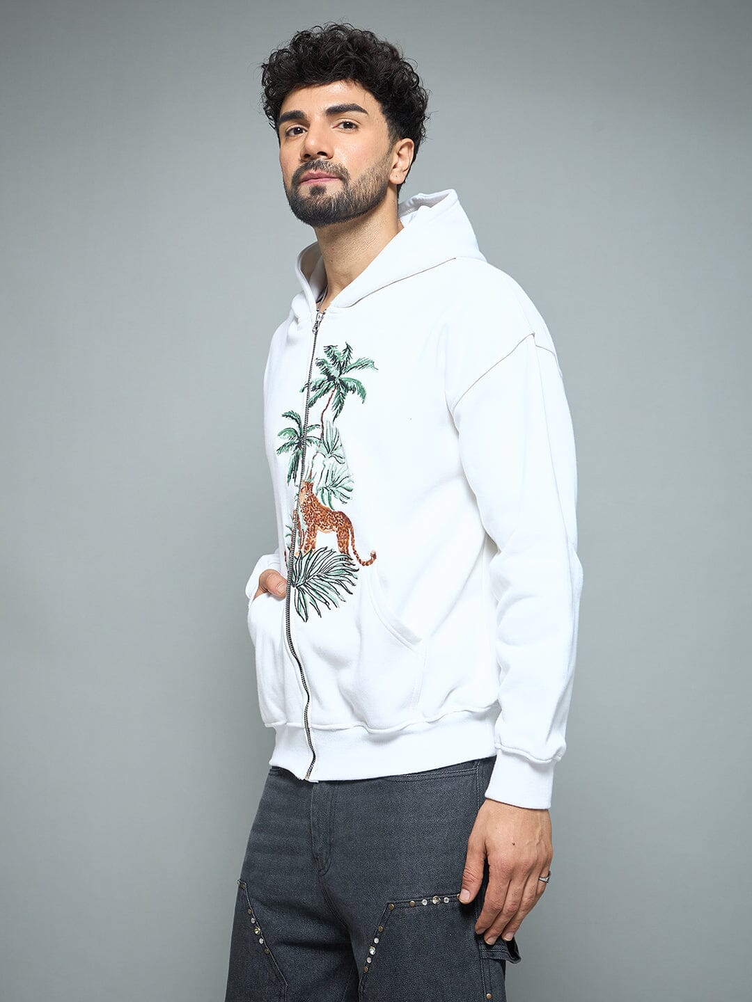 White Tropical Tiger Embroidery Hoodie