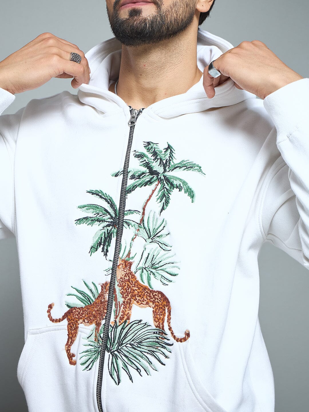 White Tropical Tiger Embroidery Hoodie