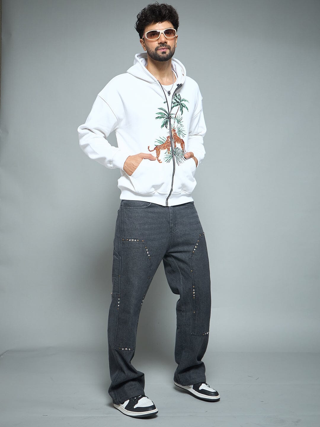 White Tropical Tiger Embroidery Hoodie