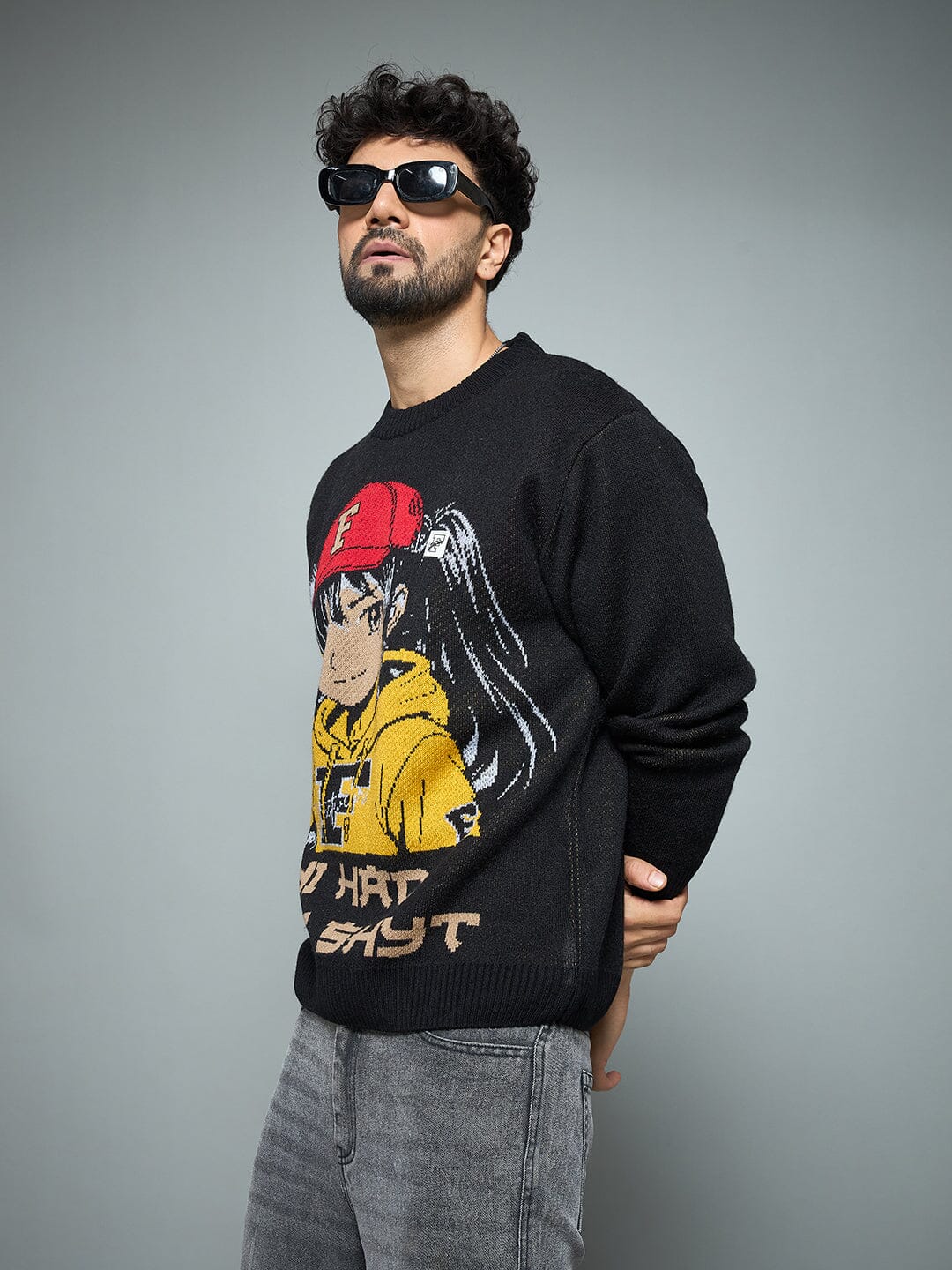 Black Anime Graphic Knitted Sweater