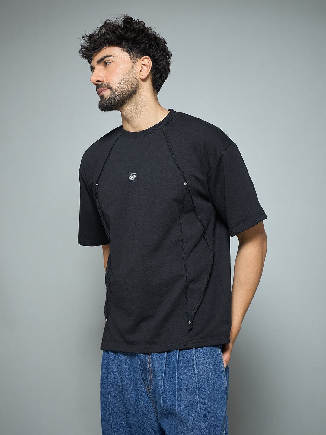 Black Faux Flat Look Cut and Sew Tshirt