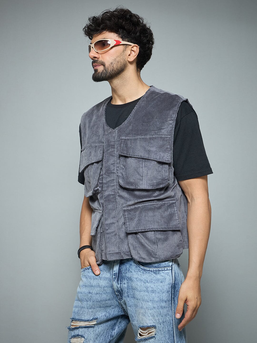 Grey Corduroy Sleeveless Gilet