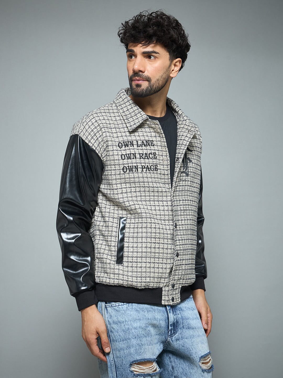 Checkered Tweed Embroidered Varsity Jacket