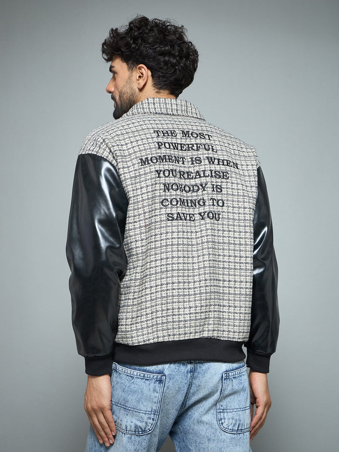 Checkered Tweed Embroidered Varsity Jacket