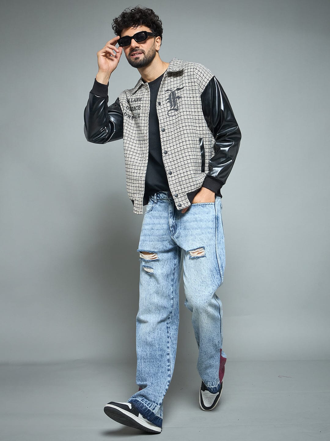 Checkered Tweed Embroidered Varsity Jacket