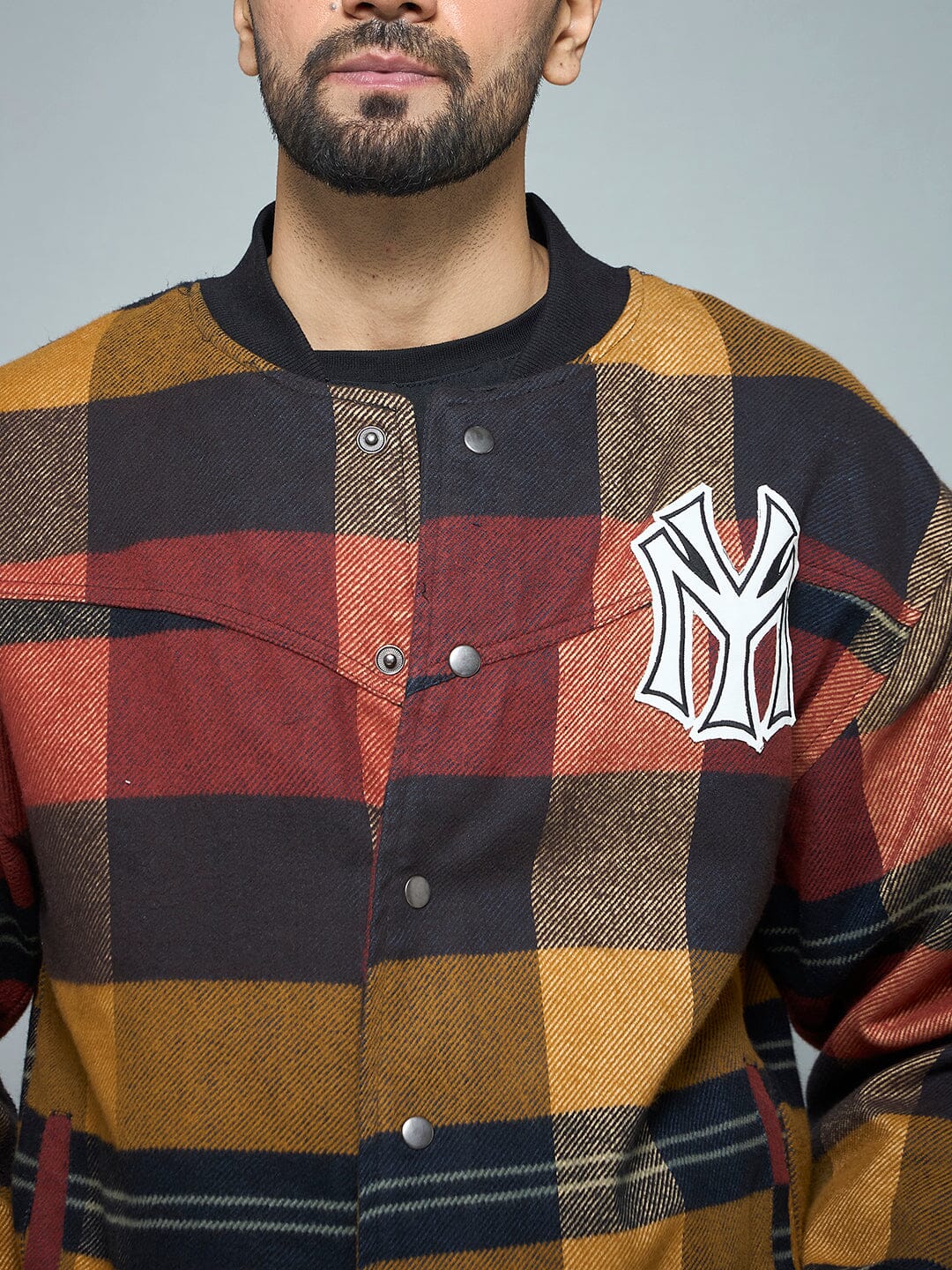 Red Checkered NY Monogram Flannel Bomber Jacket