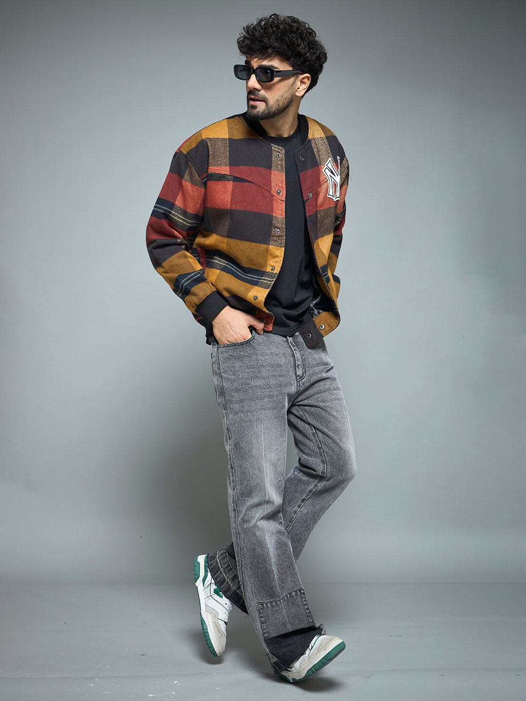 Red Checkered NY Monogram Flannel Bomber Jacket