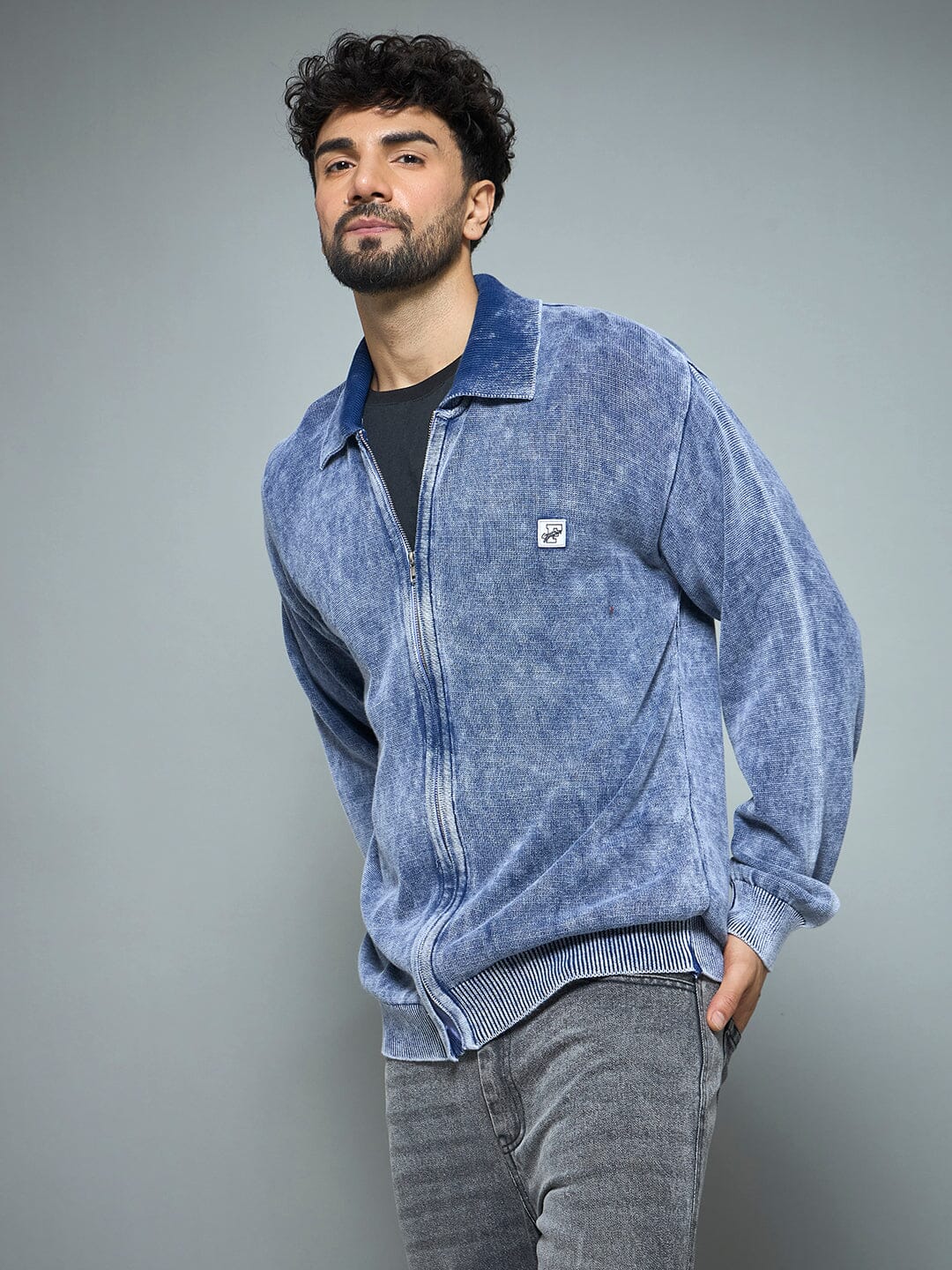 Denim Washed Overdyed Zipped Sweater