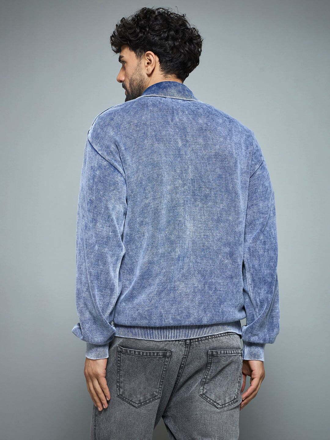 Denim Washed Overdyed Zipped Sweater
