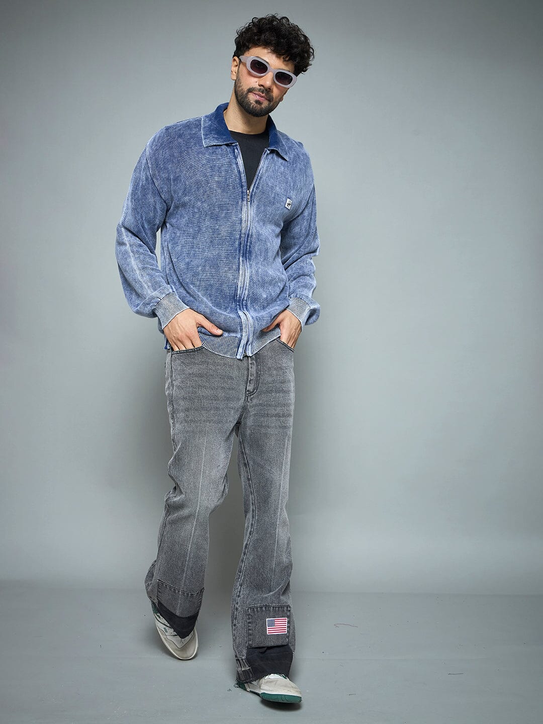 Denim Washed Overdyed Zipped Sweater