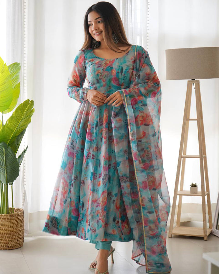 Beautiful sky blue three-piece Anarkali suit with multi-color print organza fabric by Qivii is perfect for special occasions and events