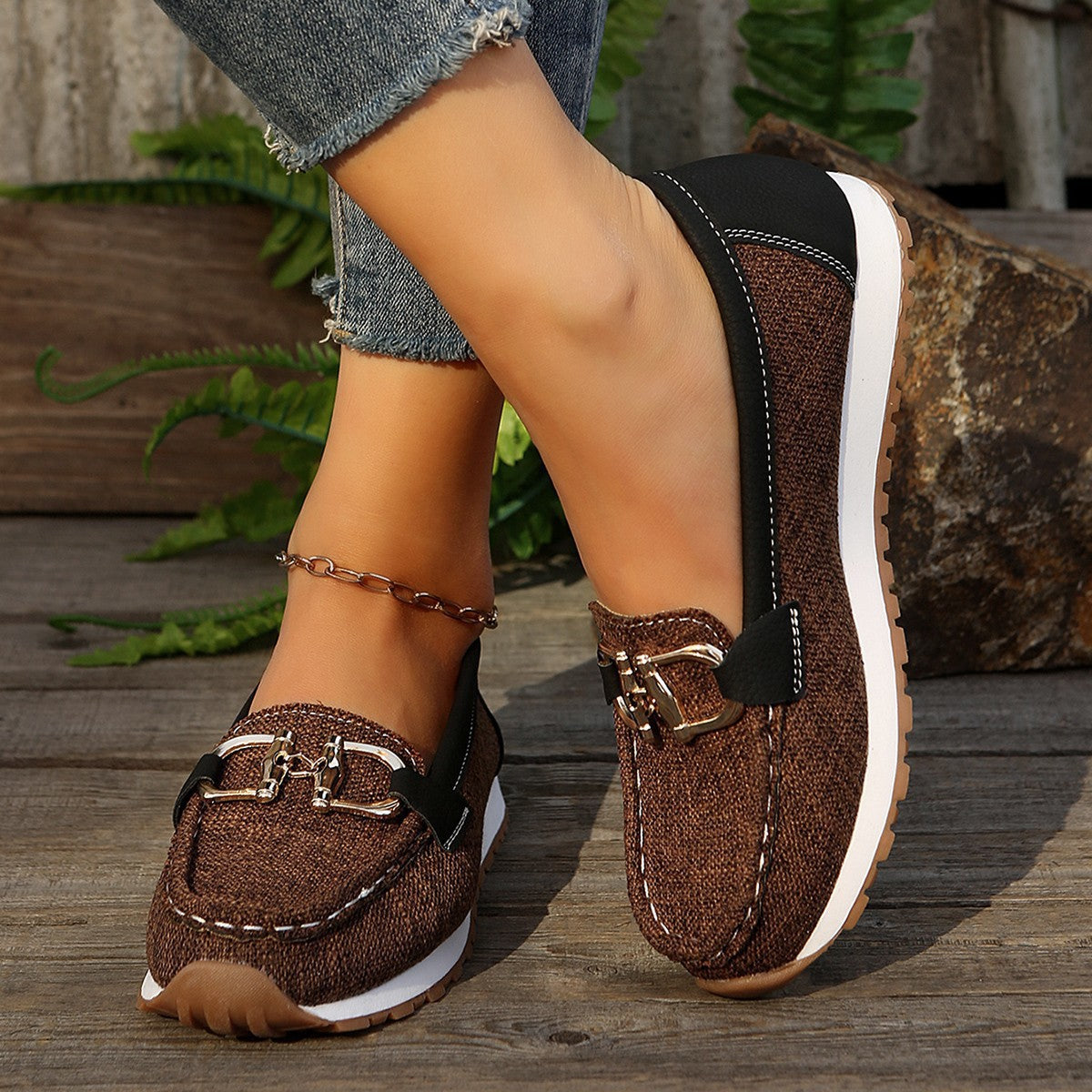 Women's Plus Size Flat Round-Toe Loafers Chain Buckle Slip-On Shoes