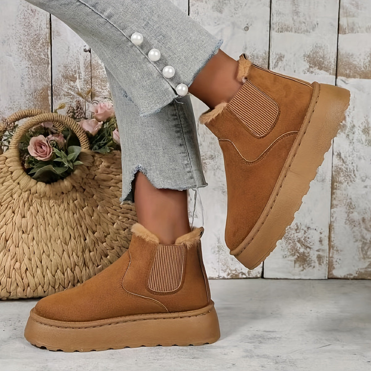 2025 Autumn/Winter Women's New Arrivals Thick-Soled Snow Boots with Fur Lining, Round Toe Slip-On Cotton Boots