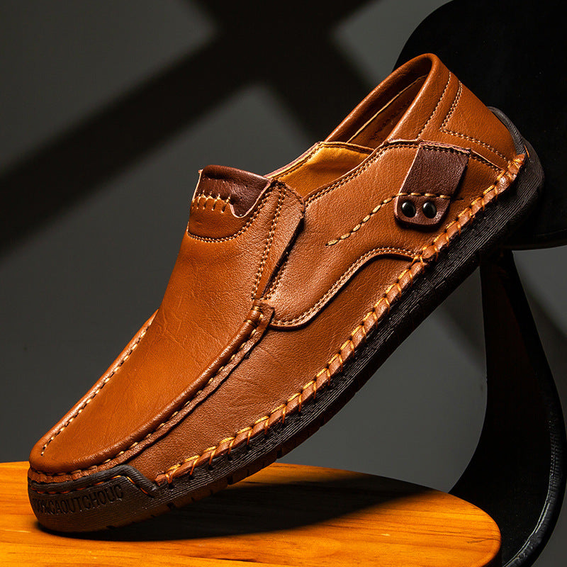 Hand-Stitched Men's Loafers Casual Outdoor Slip-On Genuine Leather Shoes