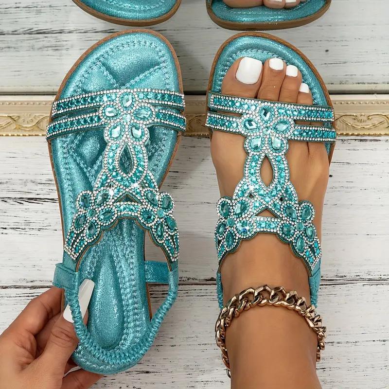 Women's Vesper Woven Bohemian Rhinestone Flat Sandals - Artisan Round-Toe Summer Sandals (US 4-10.5)