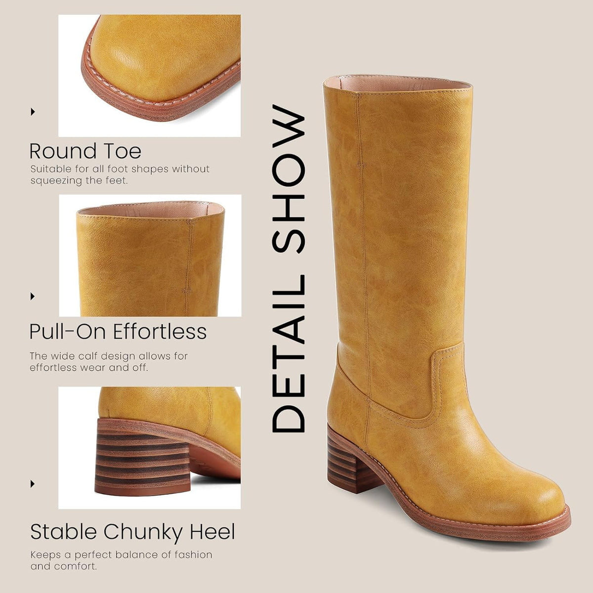 Women's Camden Knee-High Boots - Square Toe Low Block Heel Riding Boots with Wide Calf & Pull-On Design (US 4-11.5)