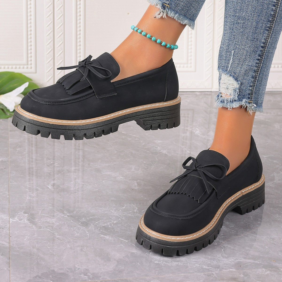 Women's Plus Size Chic Tassel Chunky Heel Bowknot Loafers Casual Shoes