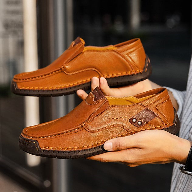 Hand-Stitched Men's Loafers Casual Outdoor Slip-On Genuine Leather Shoes