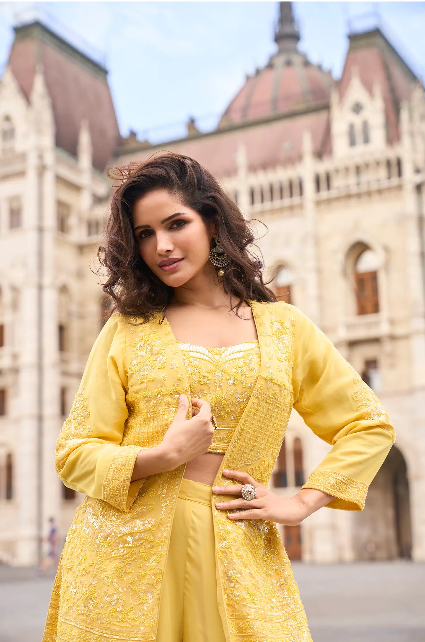 Light Mustard Heavy Embroidered Indo Western Set