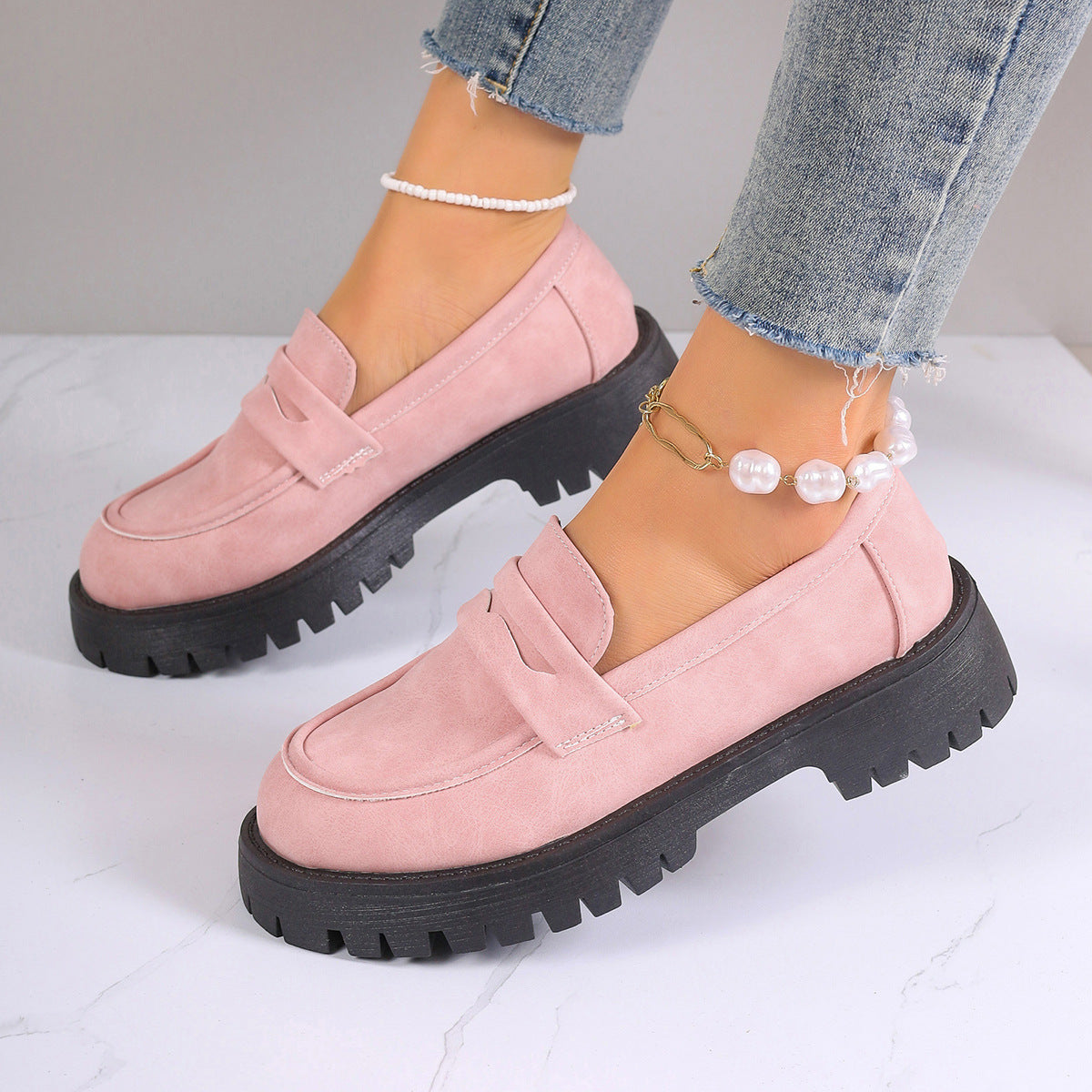 Women's Plus Size Retro Suede Loafers Slip-On Shoes with Chunky Heel Platform