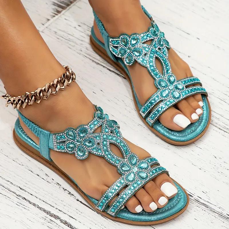 Women's Vesper Woven Bohemian Rhinestone Flat Sandals - Artisan Round-Toe Summer Sandals (US 4-10.5)