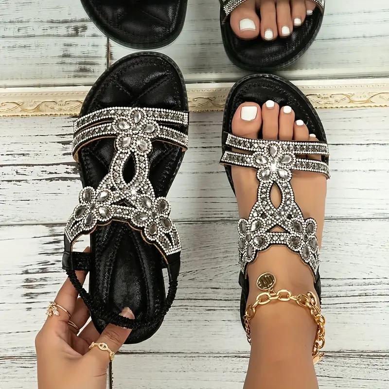 Women's Vesper Woven Bohemian Rhinestone Flat Sandals - Artisan Round-Toe Summer Sandals (US 4-10.5)