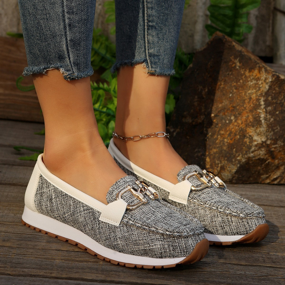 Women's Plus Size Flat Round-Toe Loafers Chain Buckle Slip-On Shoes