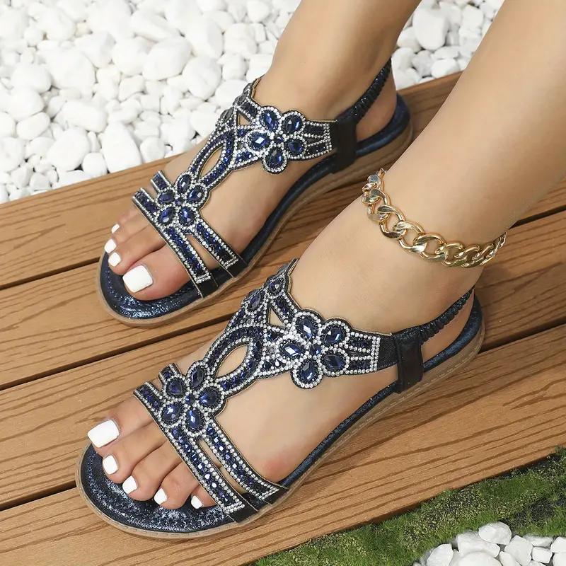 Women's Vesper Woven Bohemian Rhinestone Flat Sandals - Artisan Round-Toe Summer Sandals (US 4-10.5)
