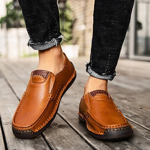 Hand-Stitched Men's Loafers Casual Outdoor Slip-On Genuine Leather Shoes