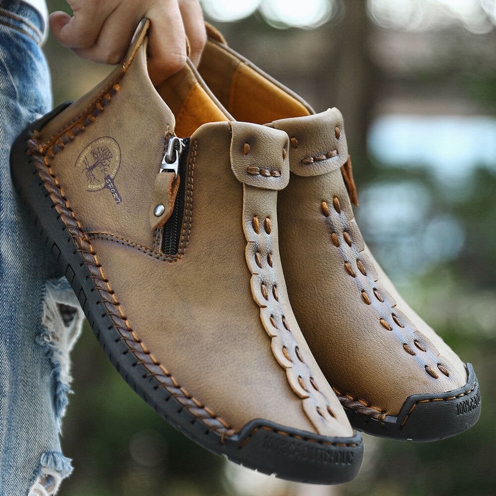 Men’s Octopus High-Top Zipper Boots with Fleece Lining Handmade Work Boots