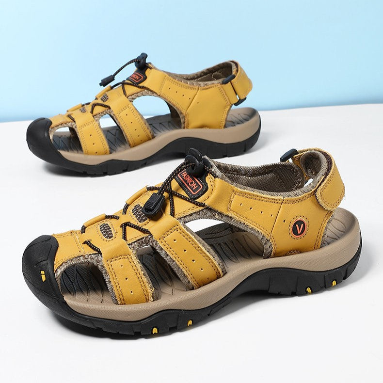 Men’s Summer Sandals Genuine Leather Beach Shoes with MD Midsole and Handcrafted Non Slip Slip Ons