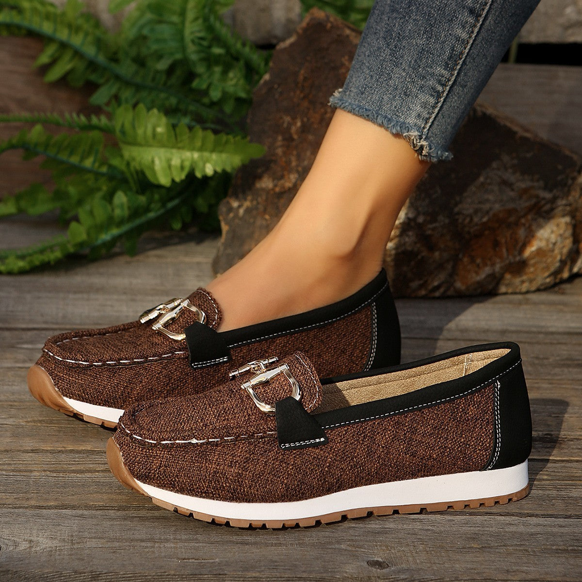 Women's Plus Size Flat Round-Toe Loafers Chain Buckle Slip-On Shoes