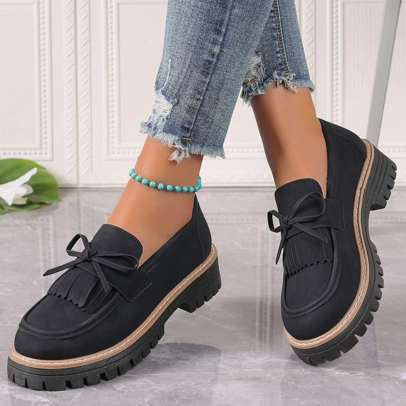 Women's Plus Size Chic Tassel Chunky Heel Bowknot Loafers Casual Shoes