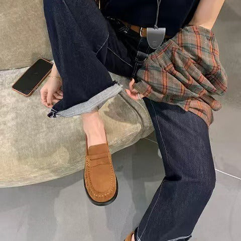 Women's Classic Genuine Leather Loafers Slip-on Round Toe Low Heel Work Flats
