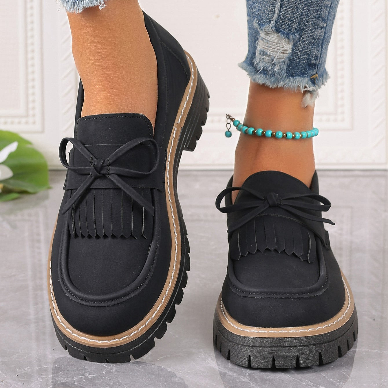 Women's Plus Size Chic Tassel Chunky Heel Bowknot Loafers Casual Shoes