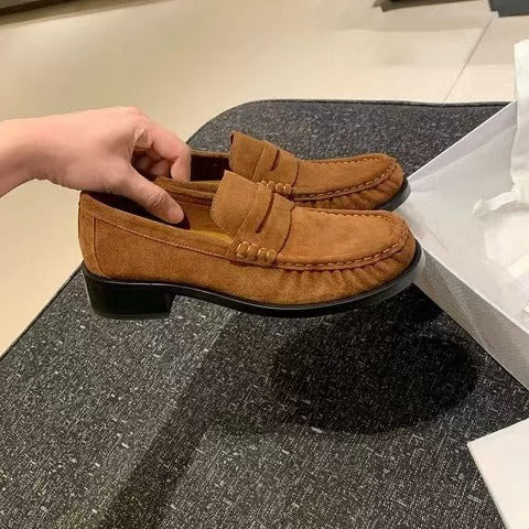 Women's Classic Genuine Leather Loafers Slip-on Round Toe Low Heel Work Flats