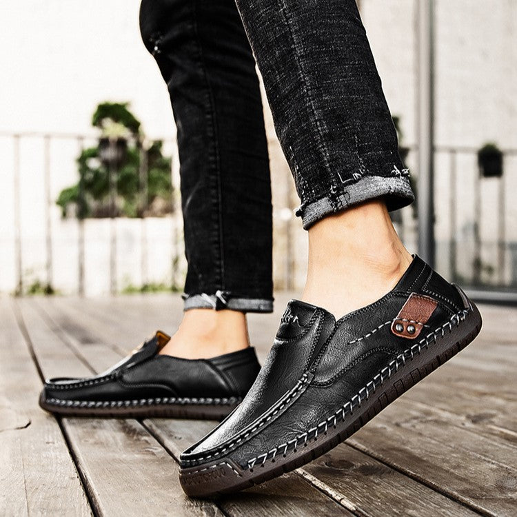 Hand-Stitched Men's Loafers Casual Outdoor Slip-On Genuine Leather Shoes