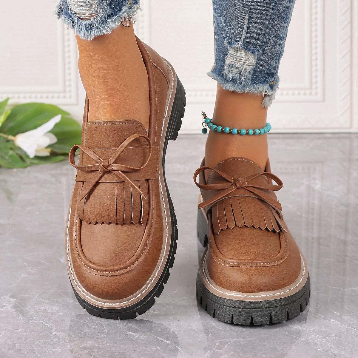 Women's Plus Size Chic Tassel Chunky Heel Bowknot Loafers Casual Shoes