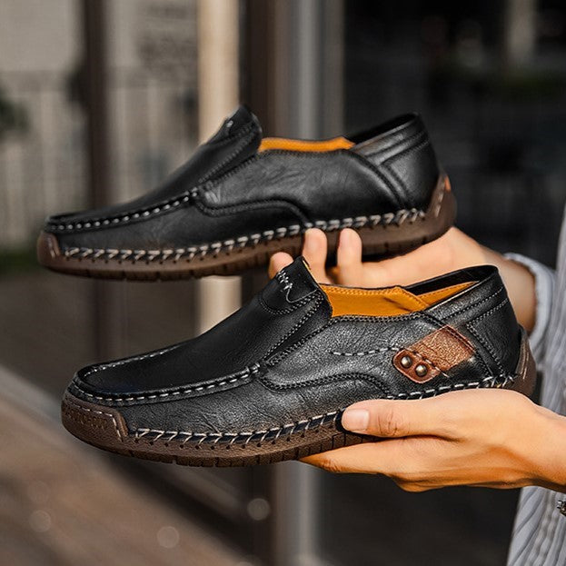 Hand-Stitched Men's Loafers Casual Outdoor Slip-On Genuine Leather Shoes
