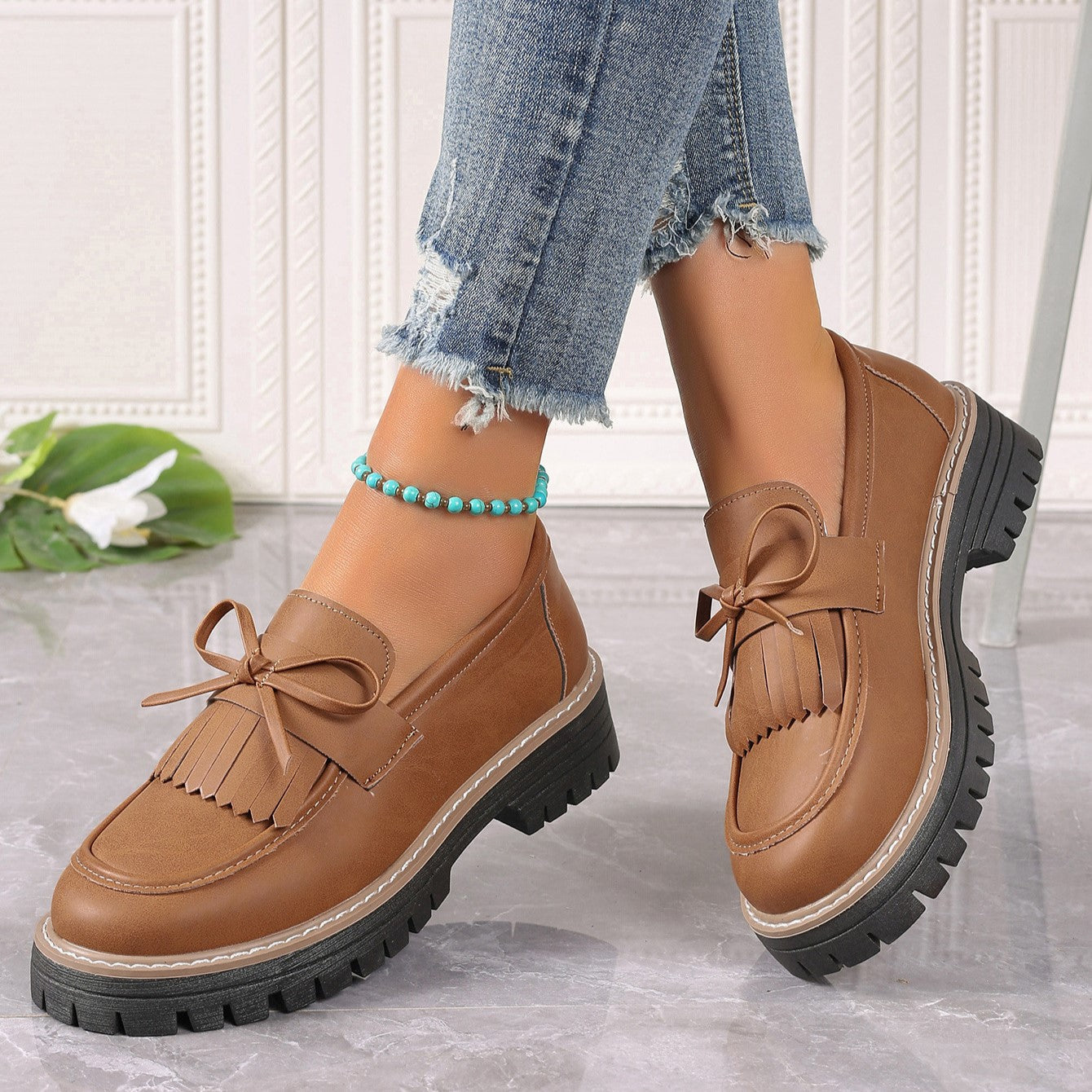 Women's Plus Size Chic Tassel Chunky Heel Bowknot Loafers Casual Shoes