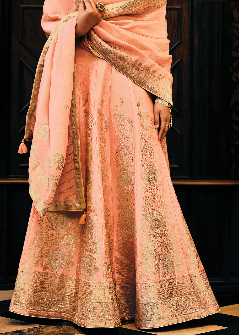 Pinkish Orange Viscose Silk Lehenga Choli With Heavy Handwork Embroidery  - By Qivii