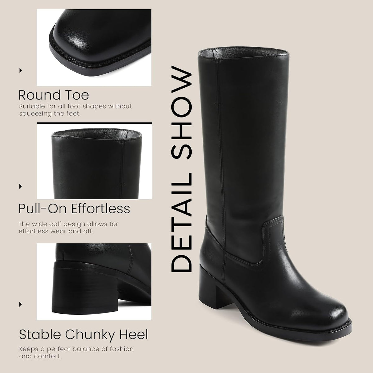 Women's Camden Knee-High Boots - Square Toe Low Block Heel Riding Boots with Wide Calf & Pull-On Design (US 4-11.5)