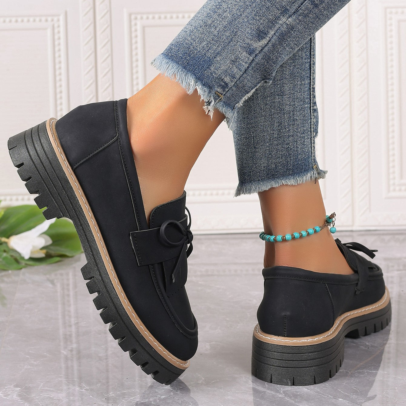 Women's Plus Size Chic Tassel Chunky Heel Bowknot Loafers Casual Shoes
