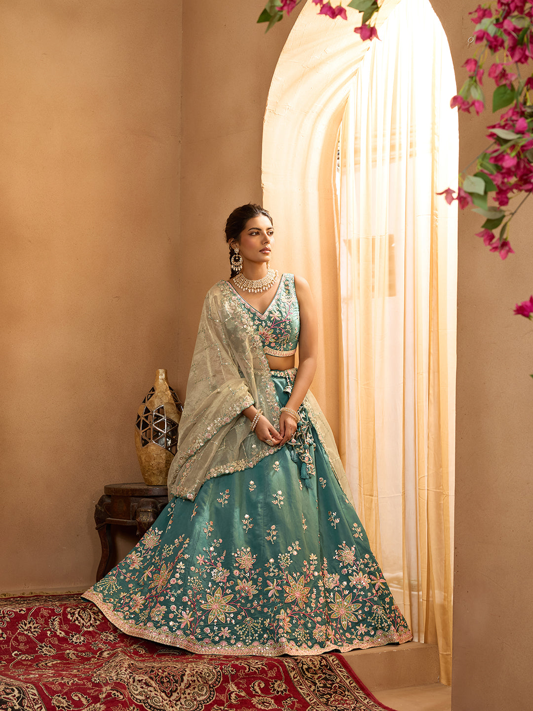 Green- Georgette Fabric Sequins embroidery Semi-Stitched Lehenga & Unstitched Blouse With Dupatta - qivii