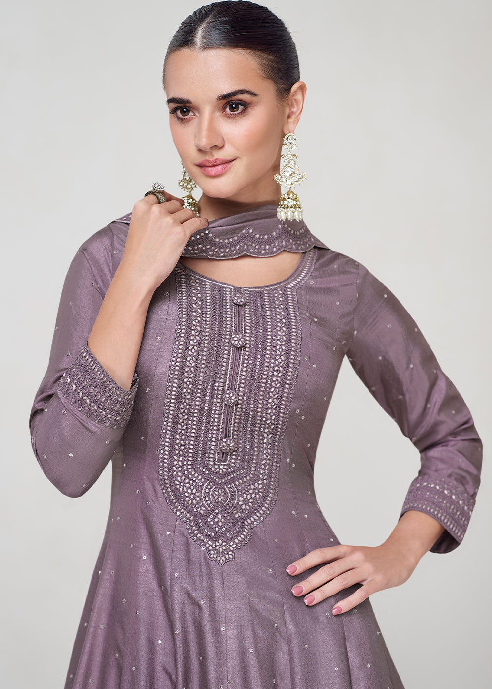 French Lilac Purple Designer Embroidered Silk Anarkali Suit