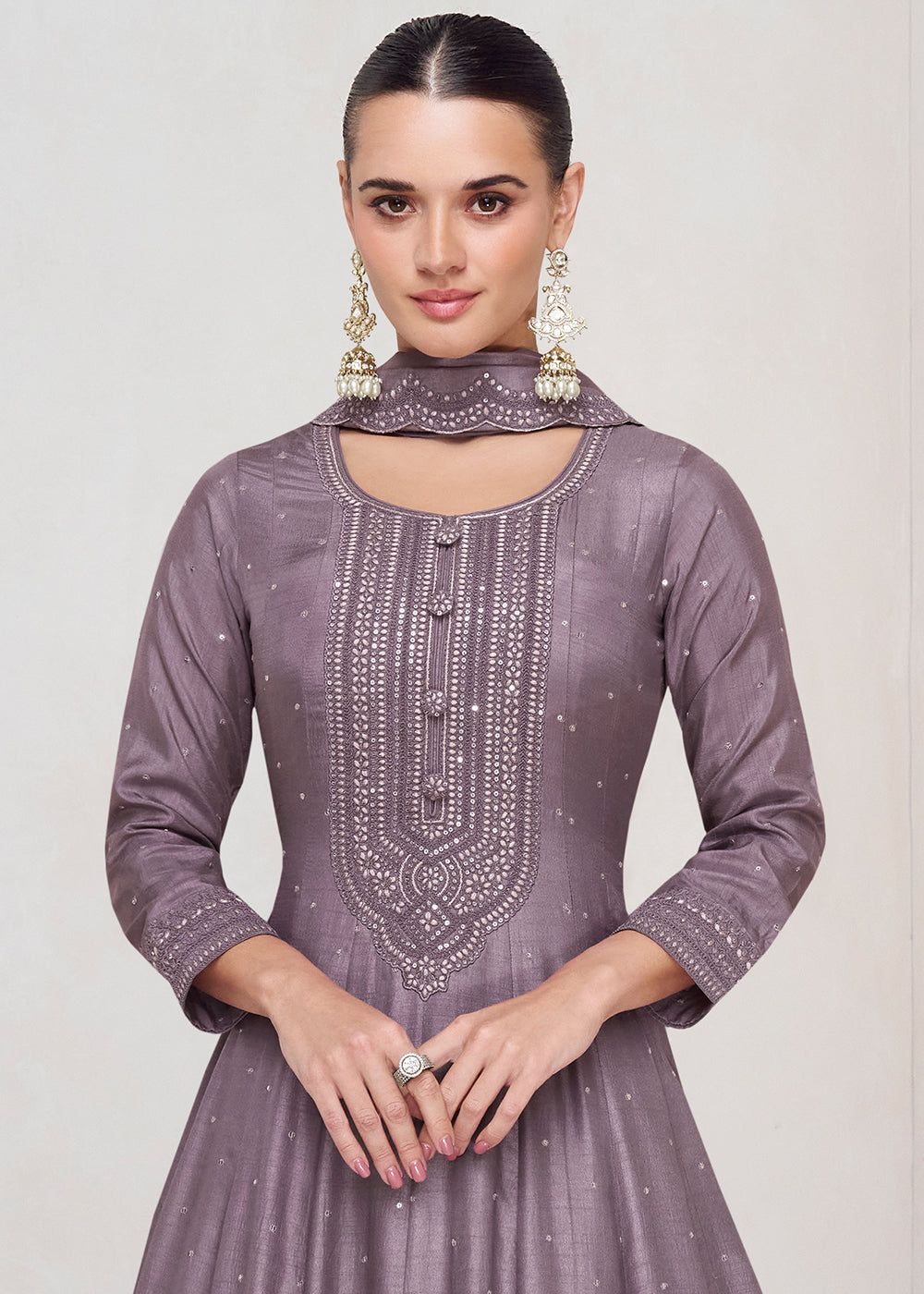 French Lilac Purple Designer Embroidered Silk Anarkali Suit