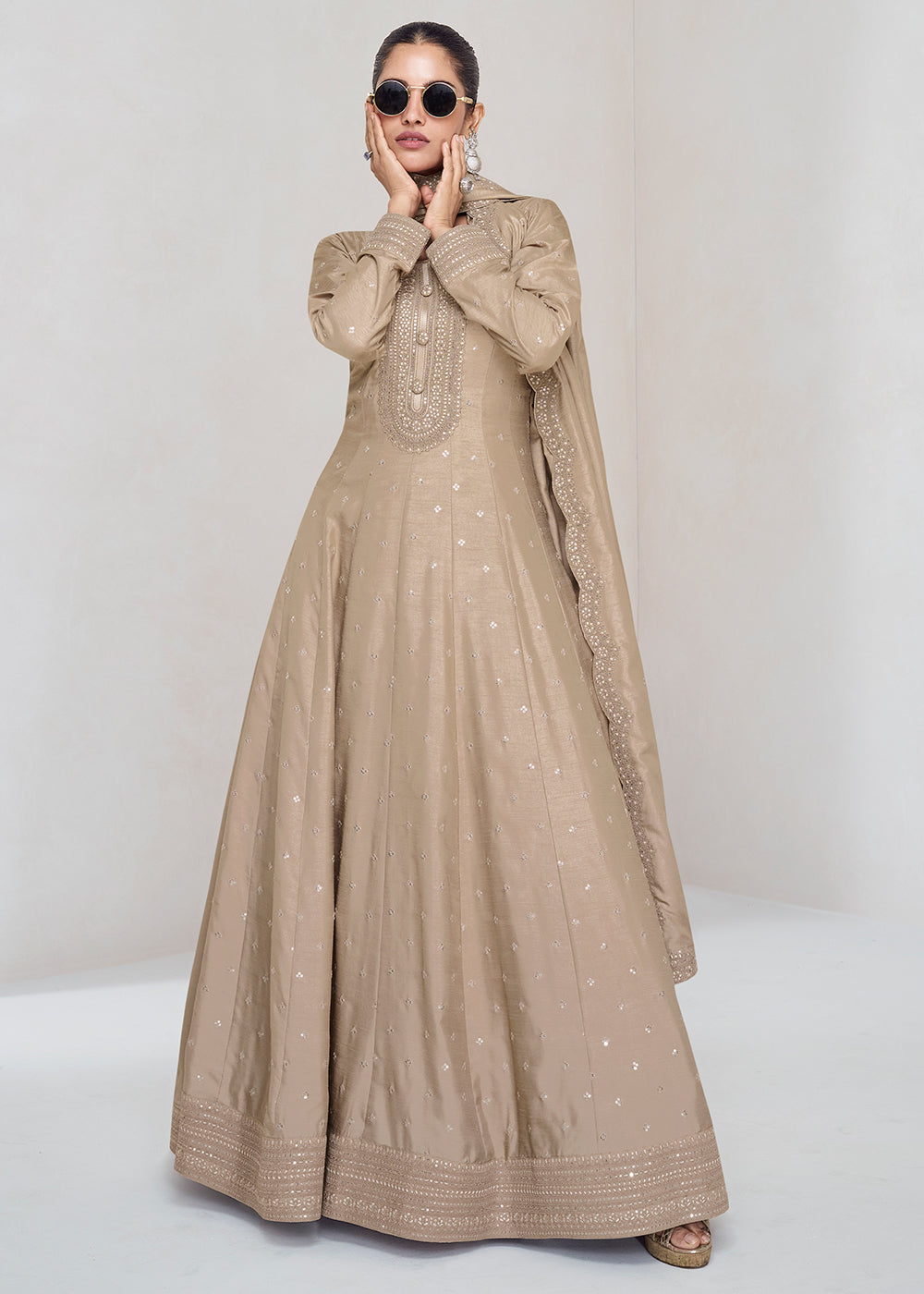 Brownish Grey Designer Embroidered Silk Anarkali Suit - qivii