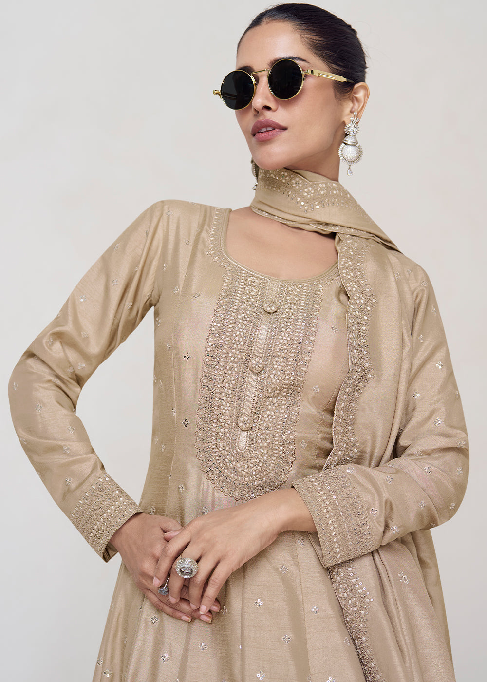 Brownish Grey Designer Embroidered Silk Anarkali Suit - qivii