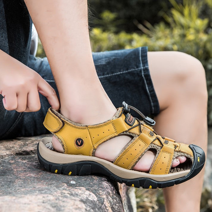 Men’s Summer Sandals Genuine Leather Beach Shoes with MD Midsole and Handcrafted Non Slip Slip Ons
