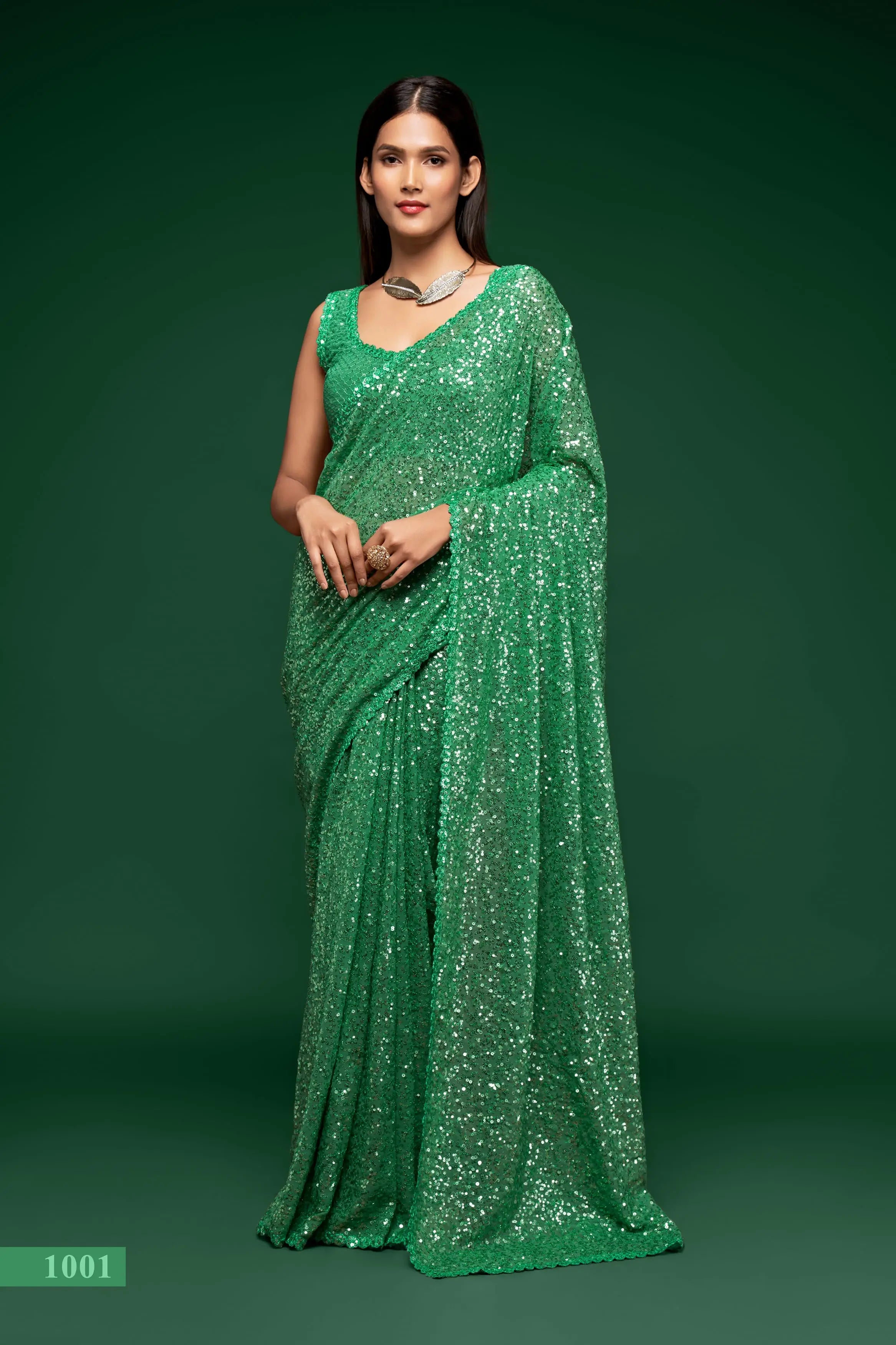 Mint Green Georgette with Thread And Multiple Sequins Embroidery Work - qivii
